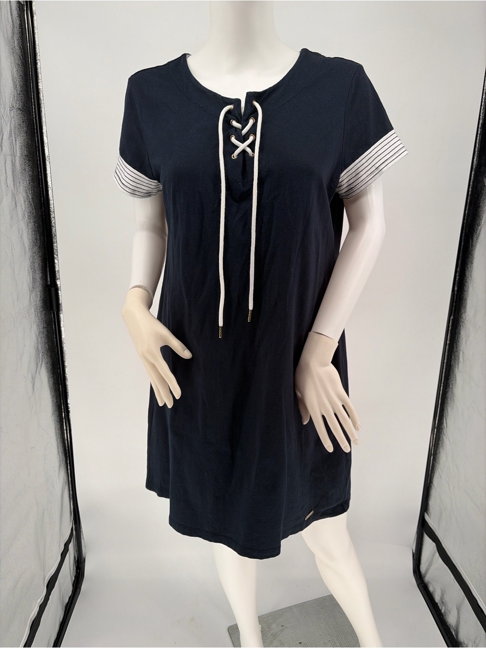 Tommy Hilfiger Navy Lace-Up Tee Dress with Striped Cuffs